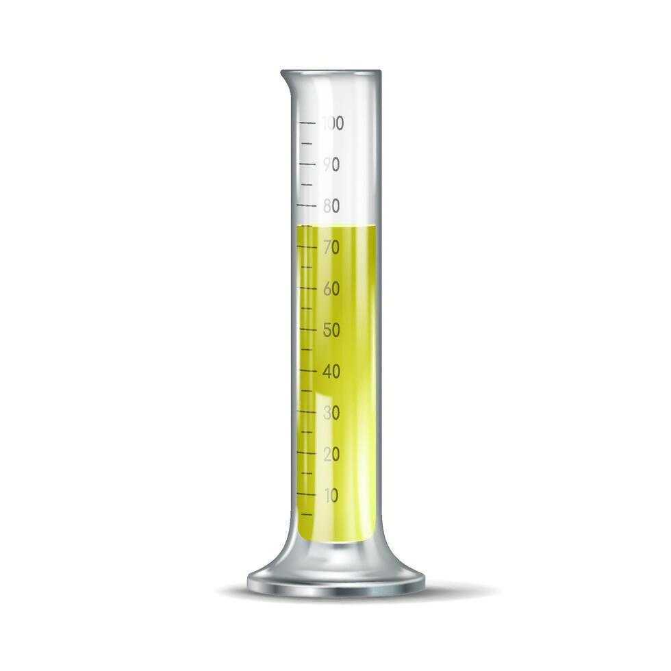 Digital illustration of a measuring cylinder containing yellow liquid up to 70 milliliters used in laboratories and scientific experiments. vector
