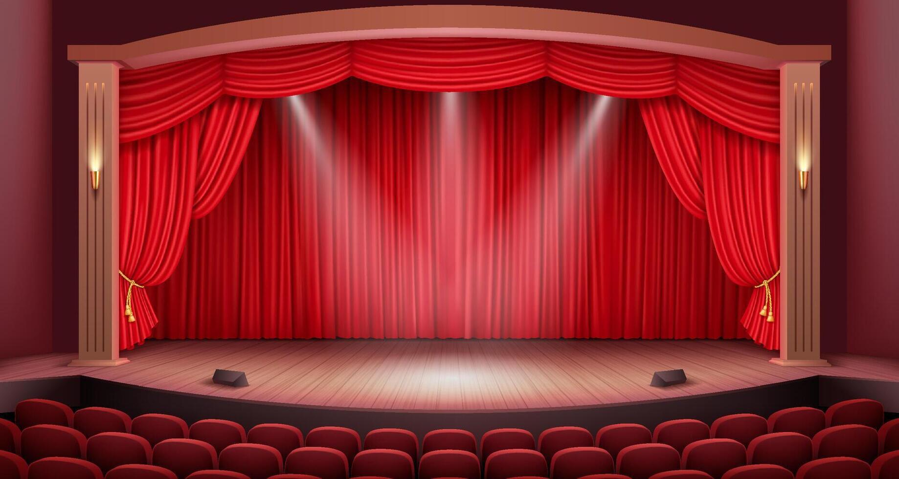 A realistic 3D illustration of a classic theater stage with a luxurious red curtain, wooden floor, and warm ambient lighting, emphasizing drama and performance. vector