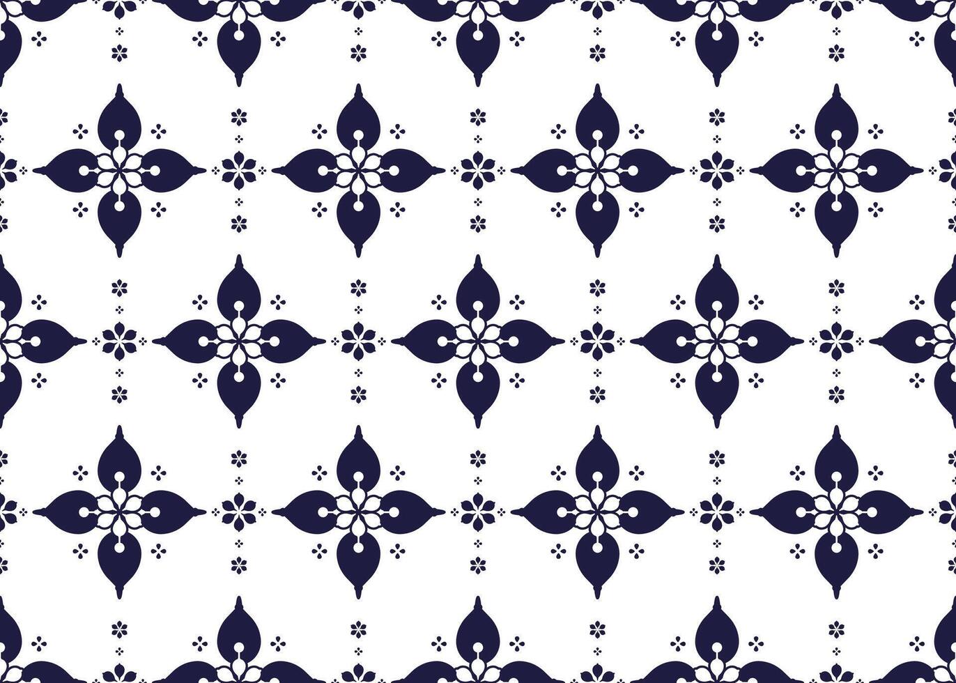 geometric and floral ethnic fabric seamless pattern, dark blue on White background, design for cloth, carpet, batik, wallpaper, wrapping etc. vector