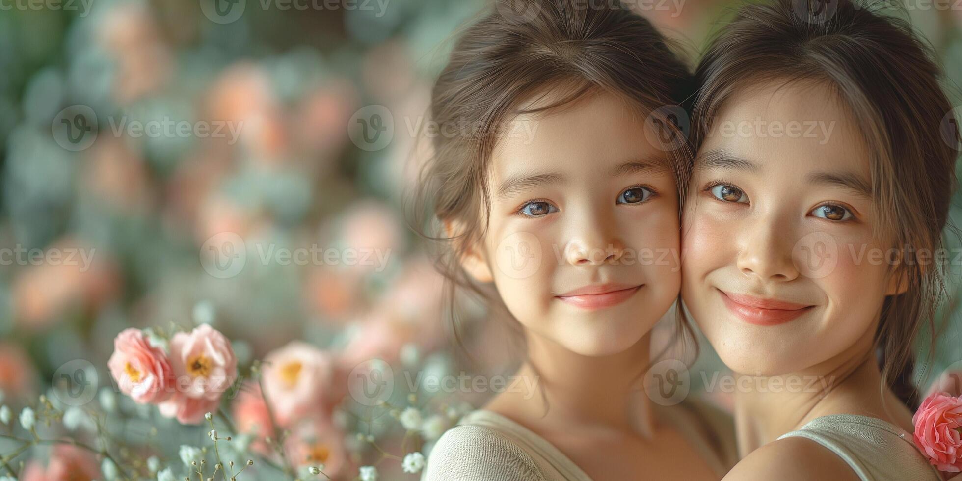 A warm, loving moment between a mother and daughter with soft smiles surrounded by colorful flowers. photo