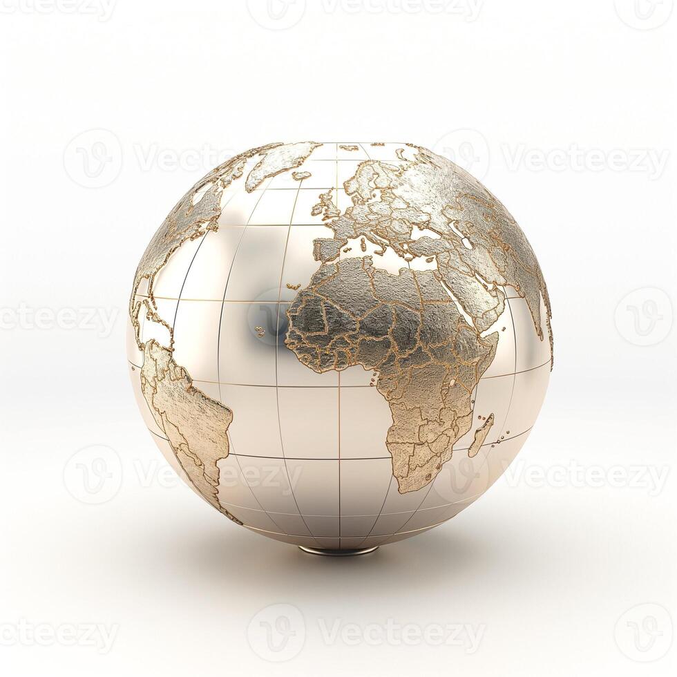 A stunning metallic globe featuring an intricate design of the world map, emphasizing Africa's outlines in gold tones against a white background. photo