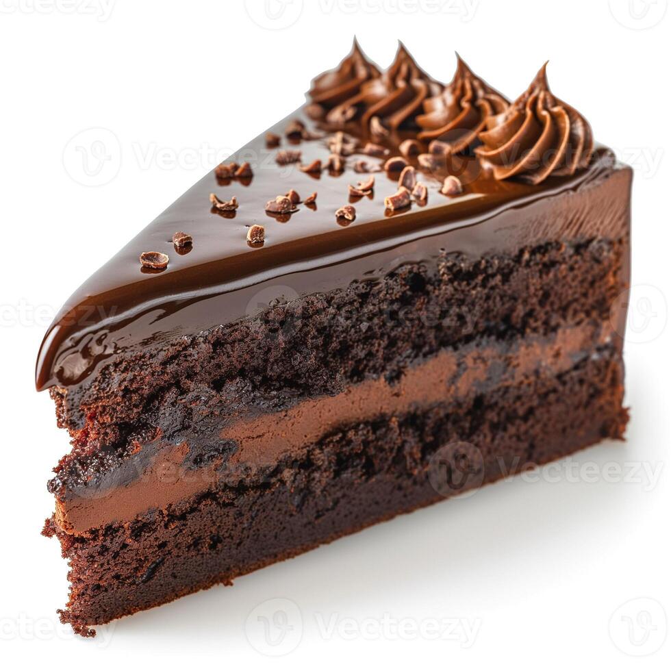 Delicious chocolate cake slice with rich ganache and decorative frosting. photo