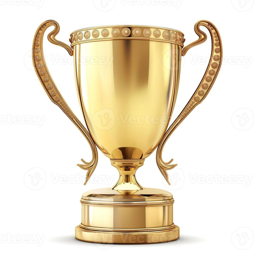 Shiny gold trophy with ornate handles, symbolizing achievement and victory. photo