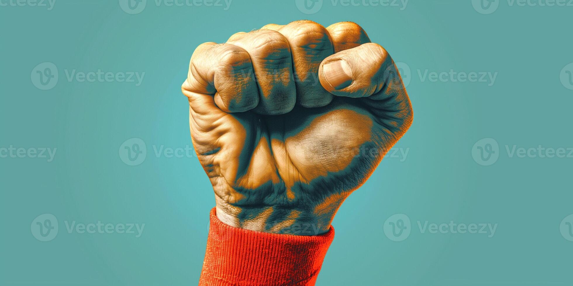 A close-up of a strong male fist raised against a vibrant turquoise background, symbolizing strength and determination. photo