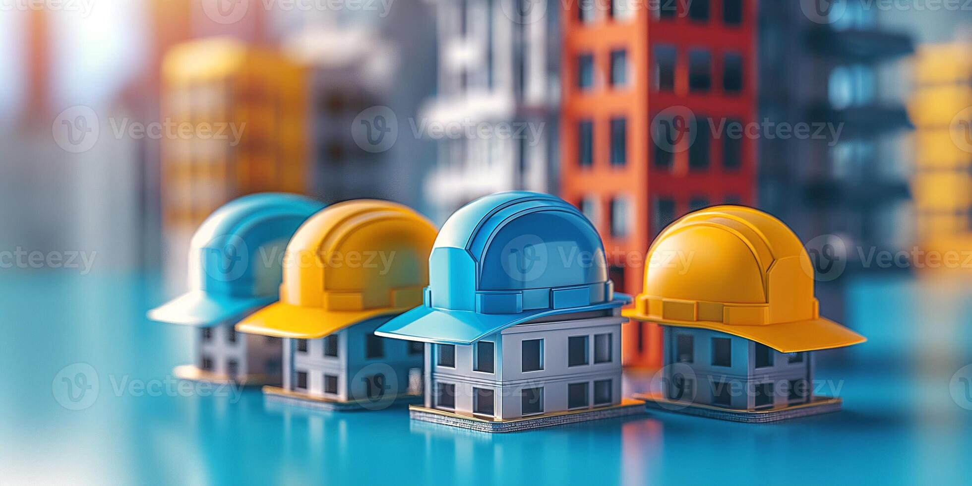Colorful construction hats adorn miniature buildings, symbolizing the growing construction industry. photo