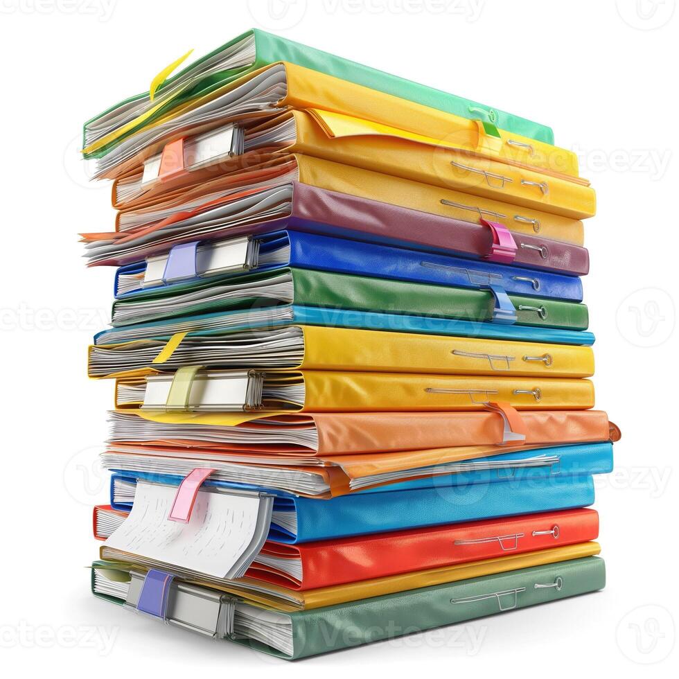 A colorful stack of organized folders and documents, showcasing a neat assortment of vibrant colors and structured files. photo