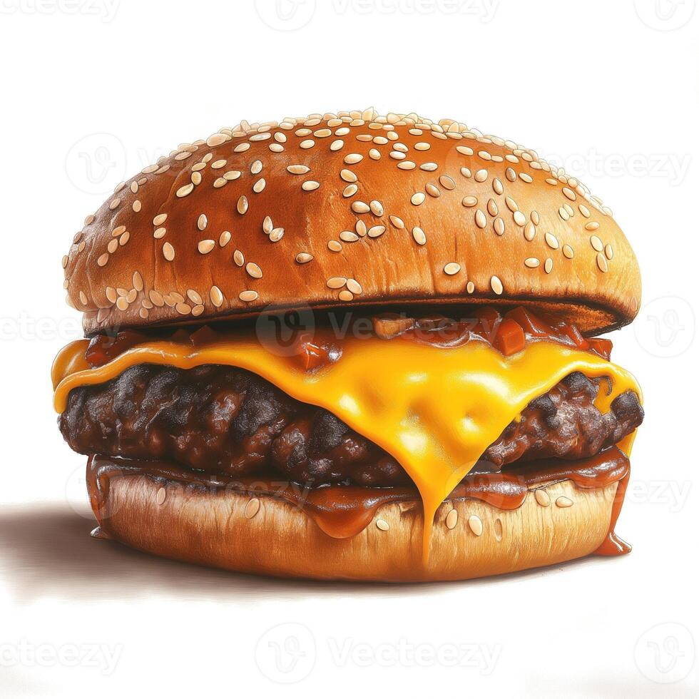 A delicious cheeseburger with melted cheese and savory sauce, presented on a sesame seed bun. photo