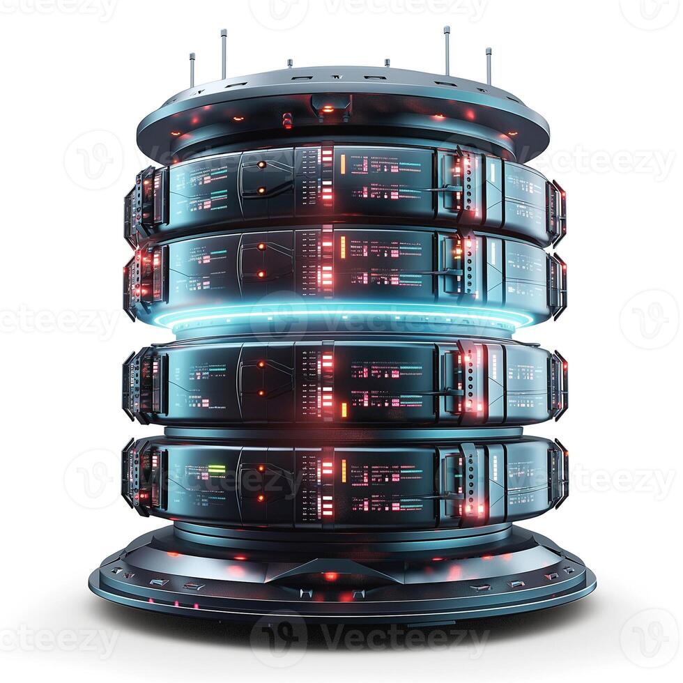 Futuristic server tower with glowing lights and a sleek design, showcasing advanced technology and data storage. photo