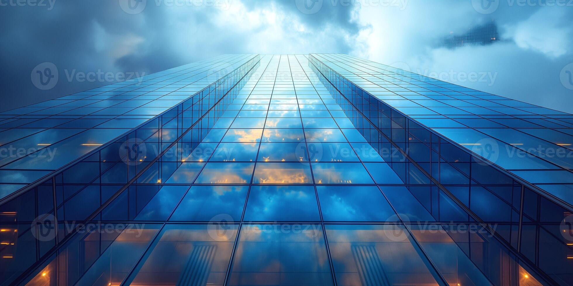 A stunning upward view of a modern glass skyscraper reflecting the dramatic sky, creating a dynamic urban scene. photo