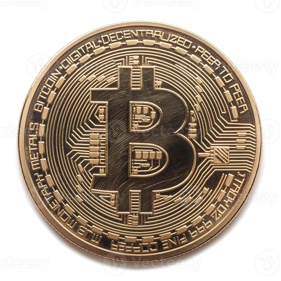 A detailed close-up of a Bitcoin gold coin, showcasing its intricate design and digital currency representation. photo