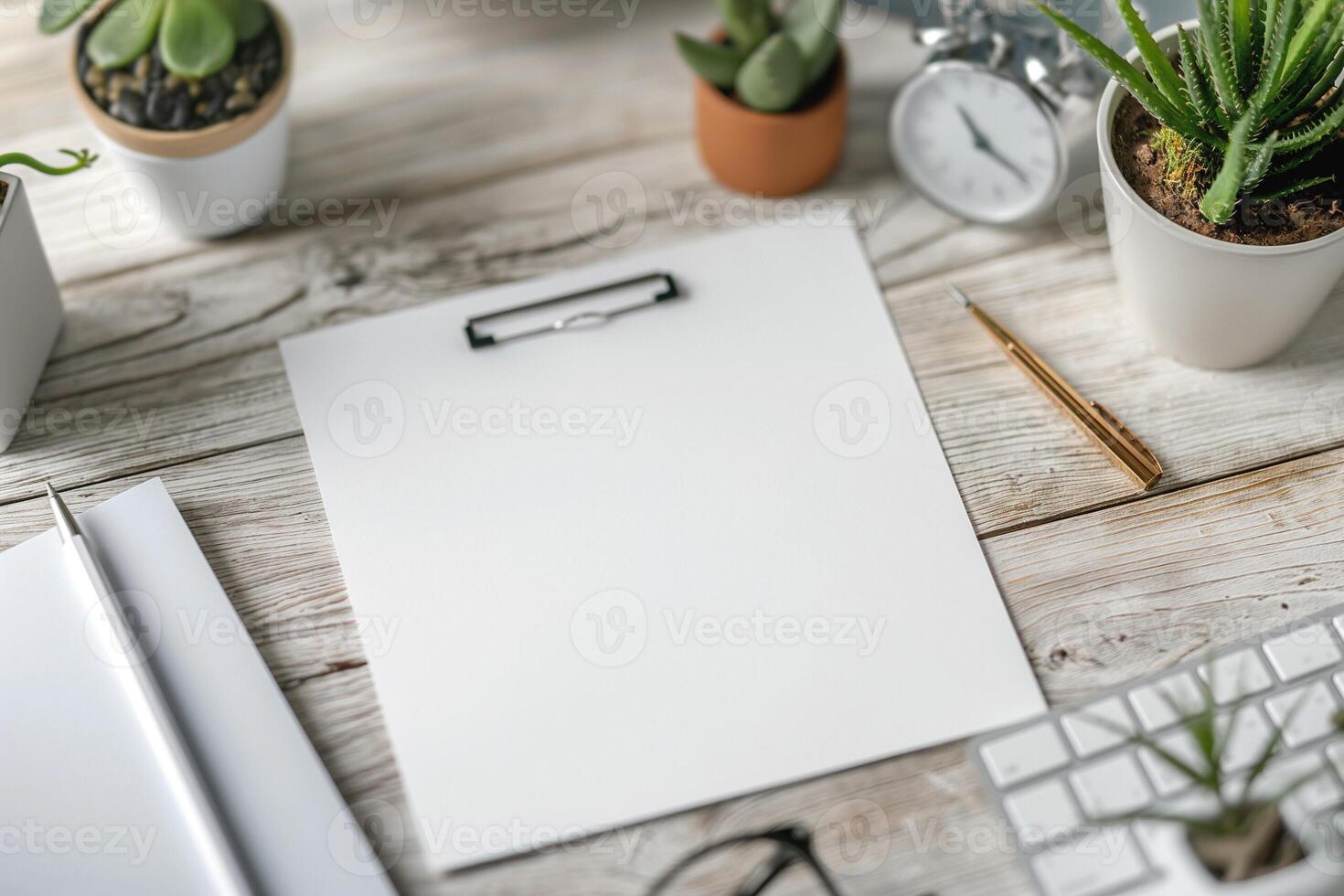 Minimalist workspace with clipboard, plants, and a clock, fostering a calm and productive atmosphere. photo