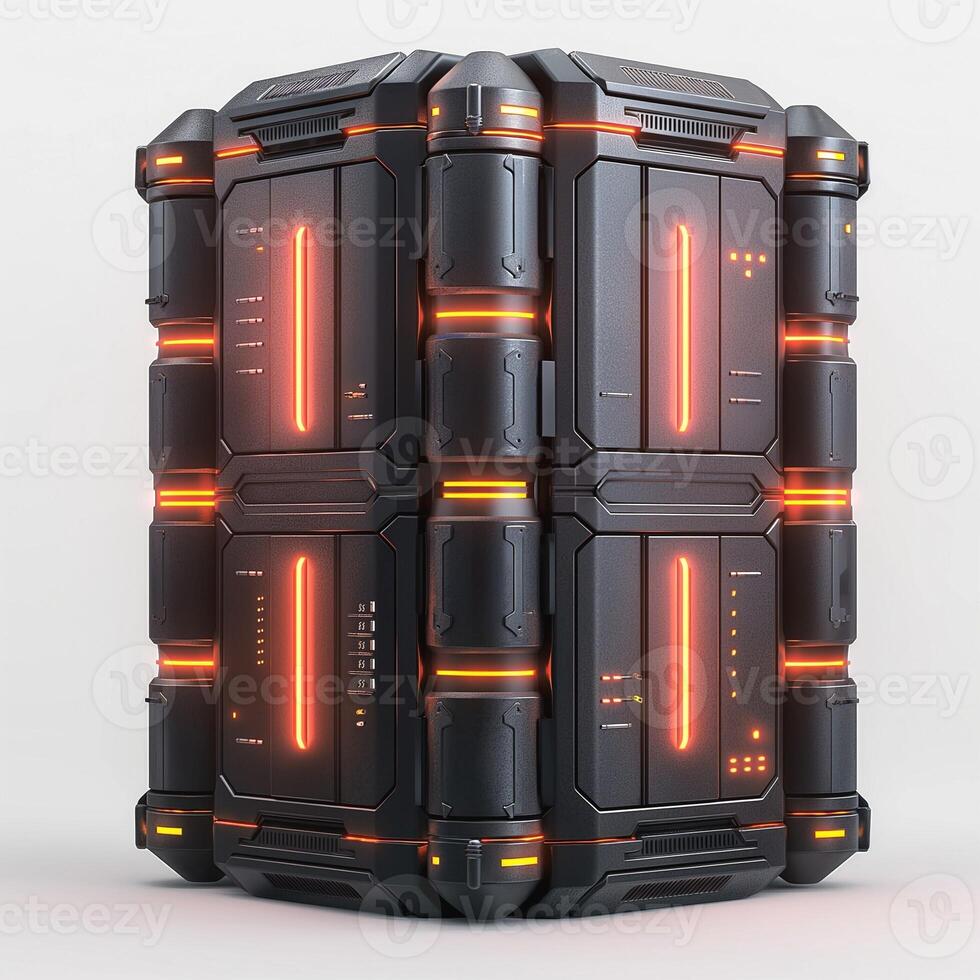 Futuristic black and orange tech module with glowing lights, showcasing advanced design and intricate details. photo