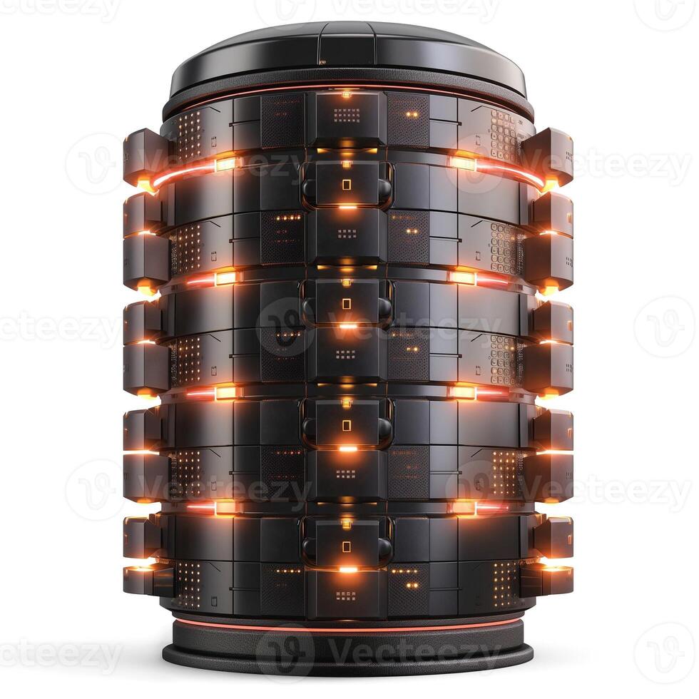 Futuristic data storage device with glowing orange elements, showcasing a sleek design and intricate technology layers. photo