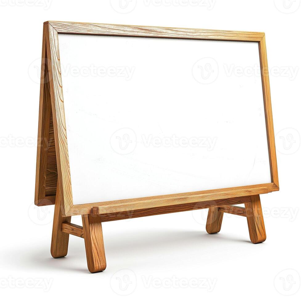 A minimalist wooden easel with a blank white board, ideal for creative presentations or artistic displays. photo