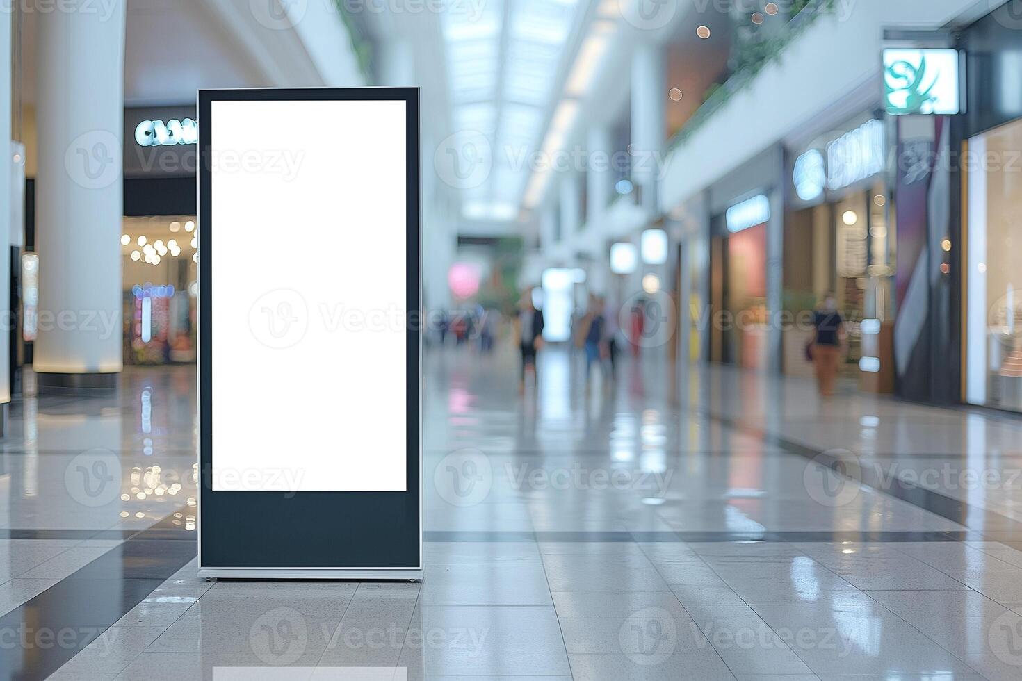 An empty advertising stand in a modern shopping mall setting, inviting creative displays and promotions. photo
