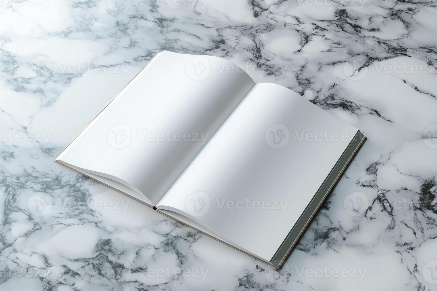 An open blank book rests on a marble countertop, inviting creativity and ideas. photo