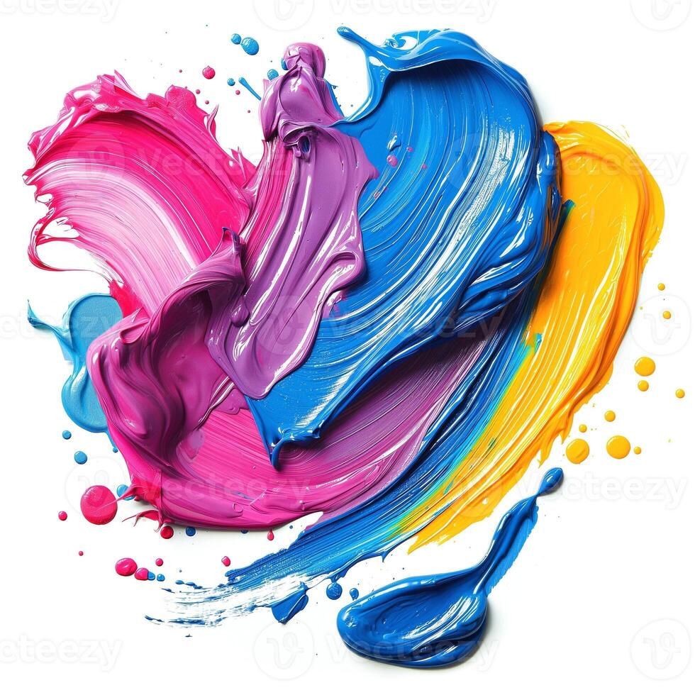 An artistic splash of vibrant colors featuring pink, blue, purple, and yellow paint swirling together in a heart shape. photo
