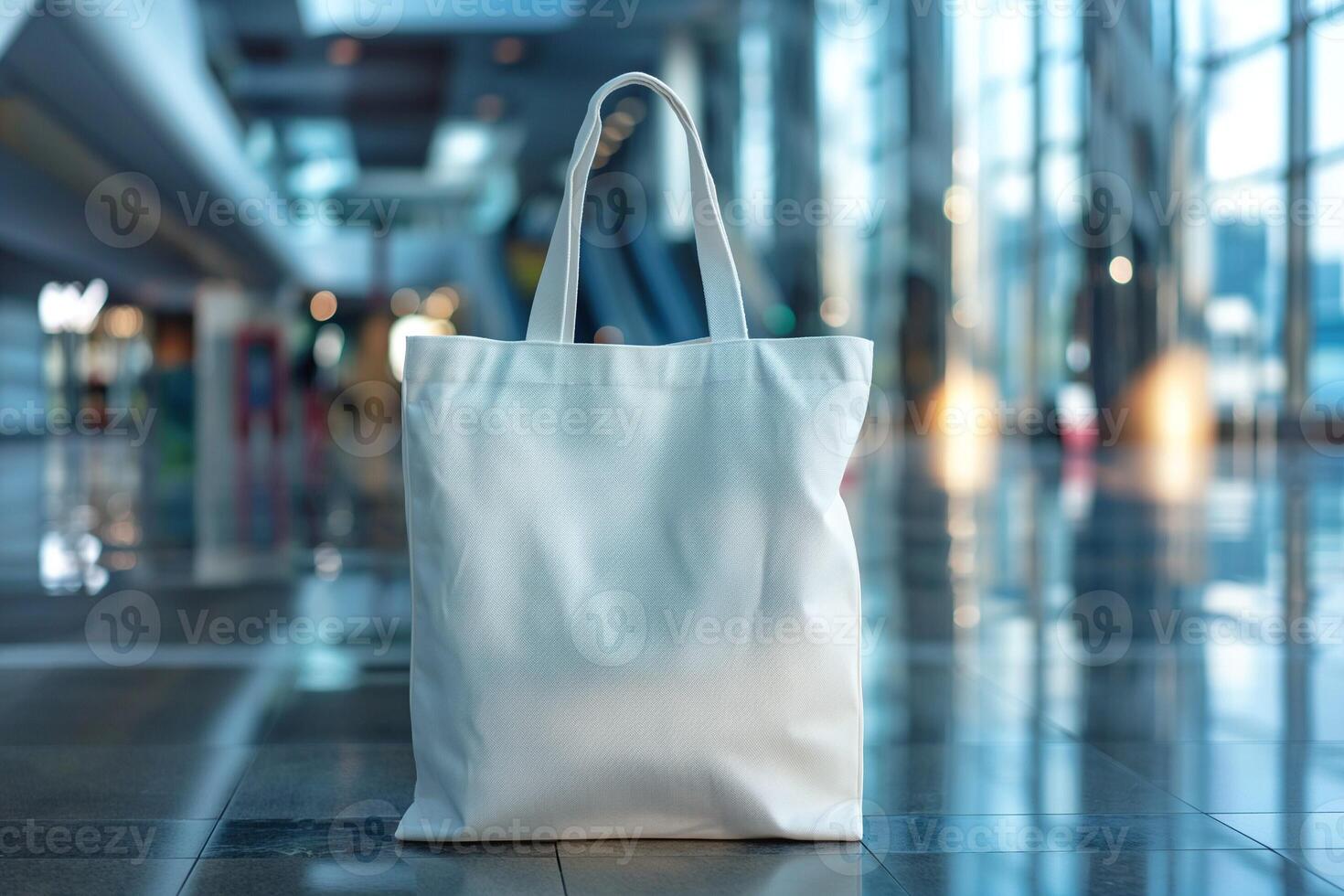 A white tote bag prominently displayed in a modern, bright indoor setting, showcasing its sleek design and versatility. photo