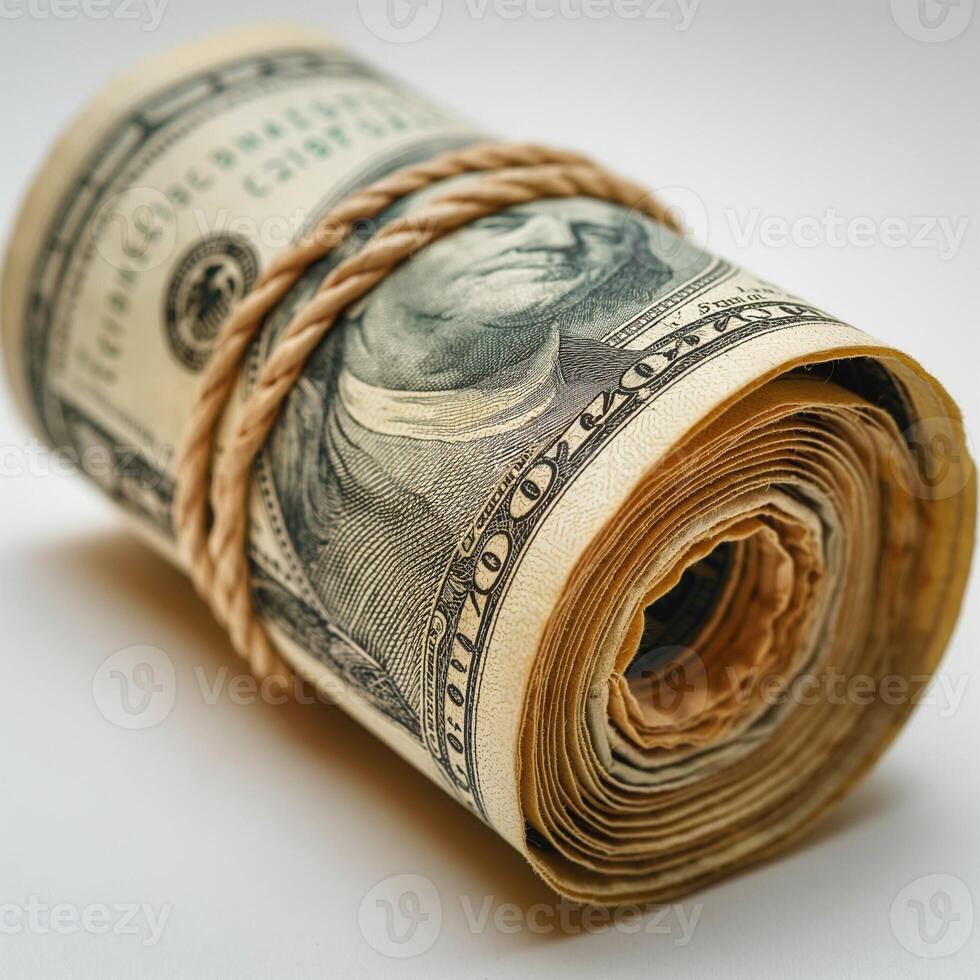 A close-up of a rolled bundle of cash secured with twine, showcasing details of the banknotes. photo