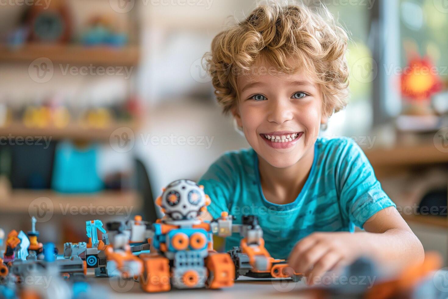 A joyful young Caucasian boy with curly hair, engaged in creative play with colorful robot toys at a bright indoor workspace. photo
