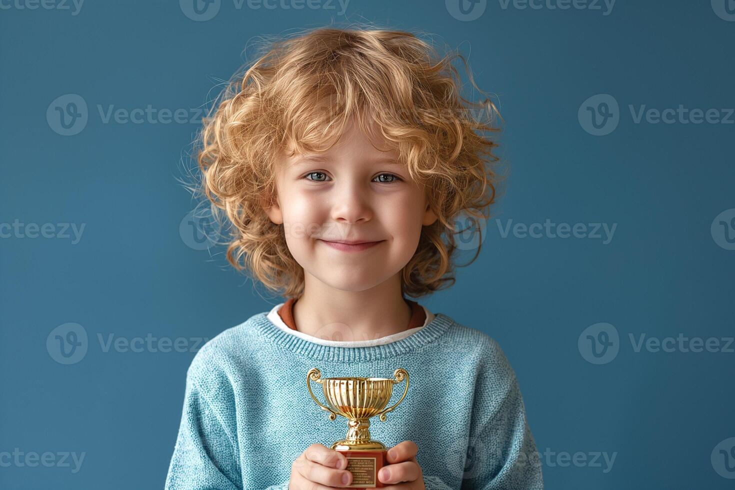Happy young boy with curly hair proudly holding a small golden trophy against a blue background. photo