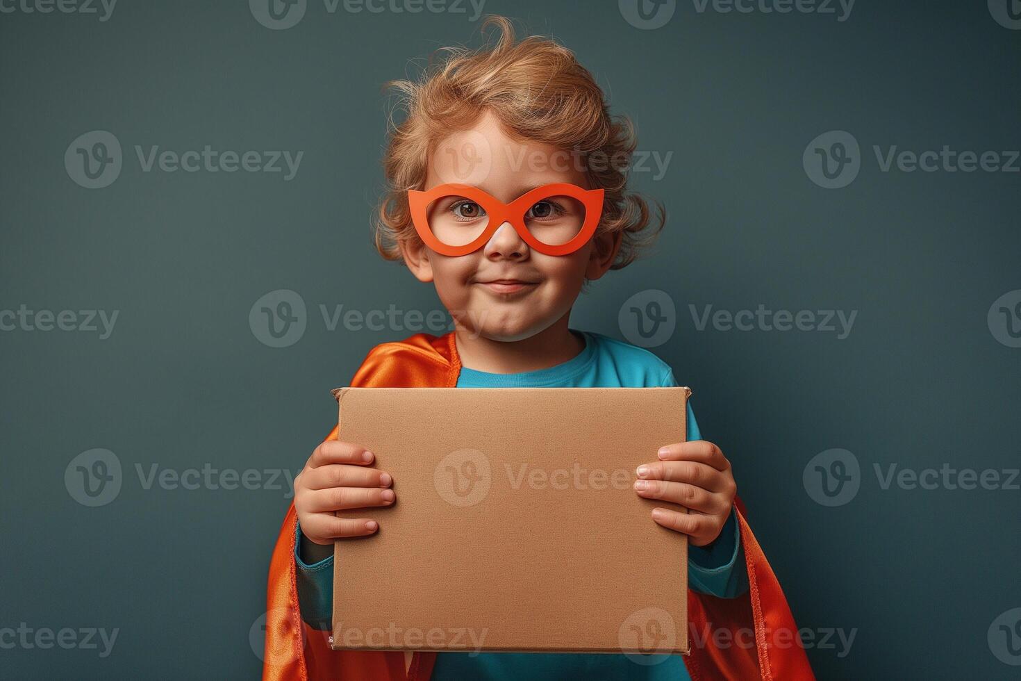 A cheerful young boy with curly blonde hair wears colorful glasses and a superhero cape while holding a box. photo