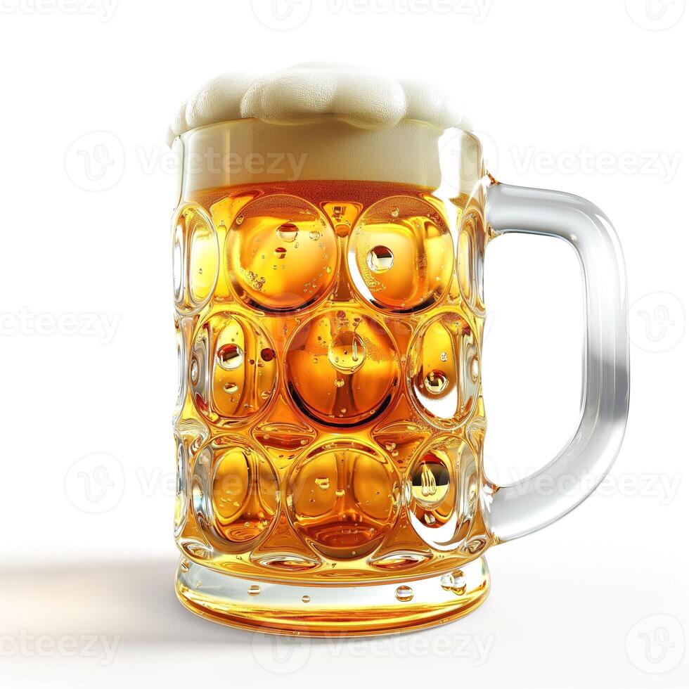 Close-up of a frothy beer mug filled with golden lager, showcasing bubbles and a creamy head. photo