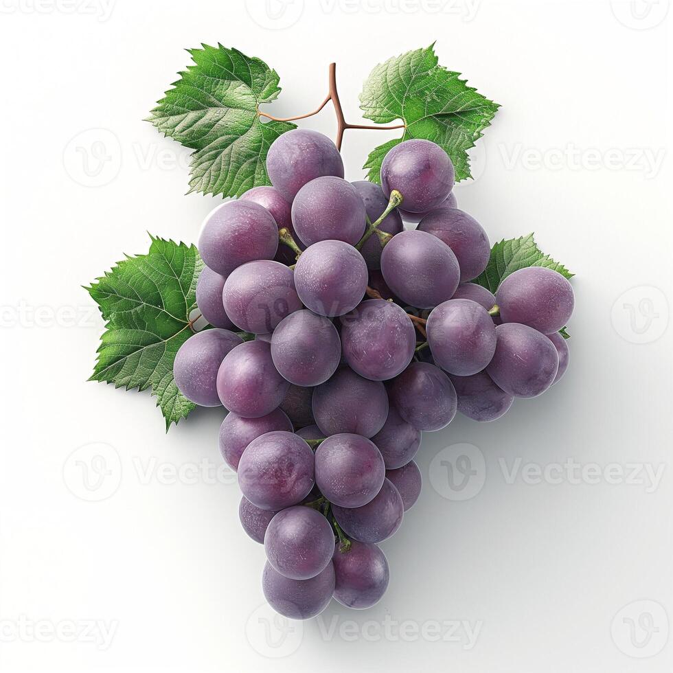 Fresh and juicy purple grapes with lush green leaves against a clean white background. photo