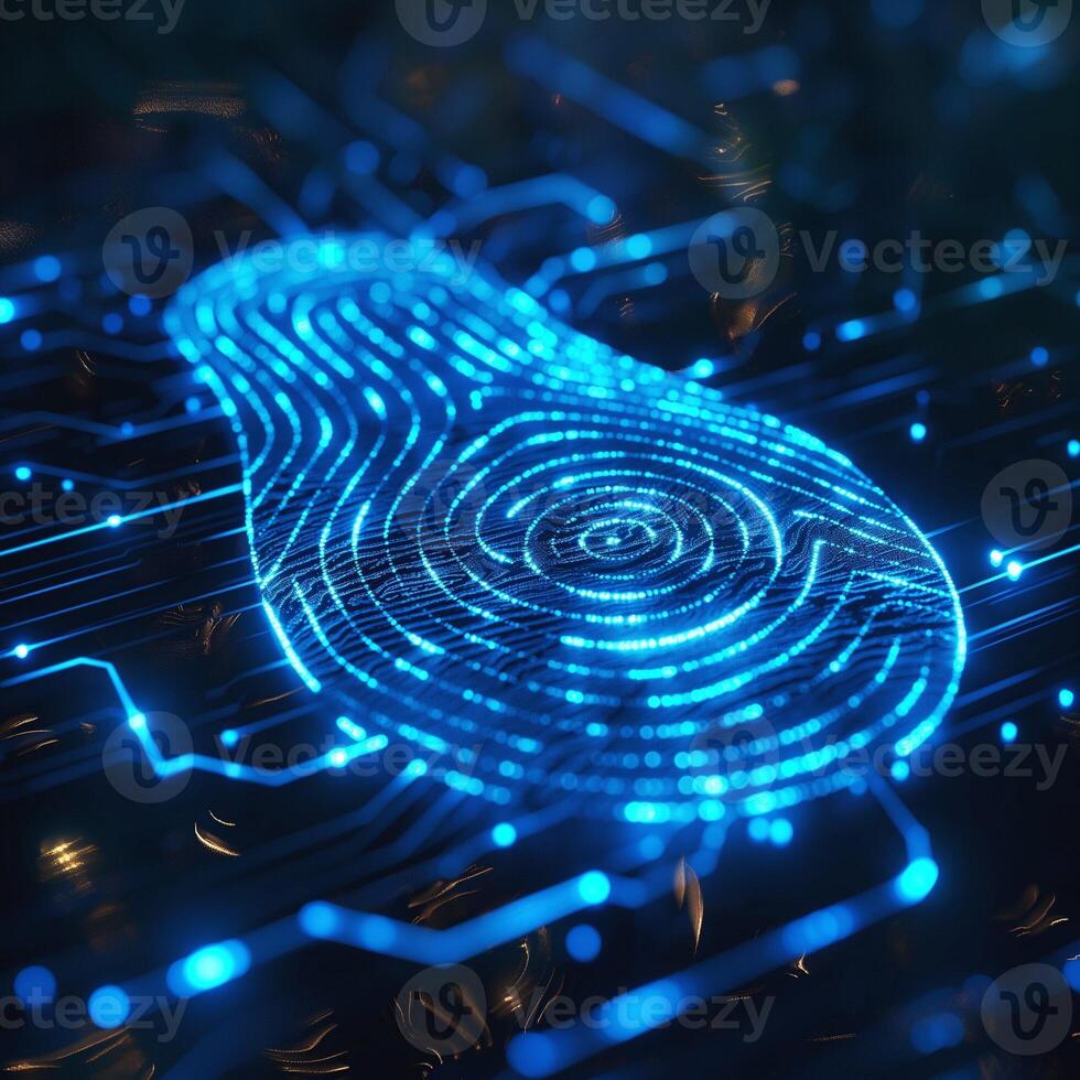 A futuristic digital fingerprint design illuminated in blue, representing technology and security innovation. photo