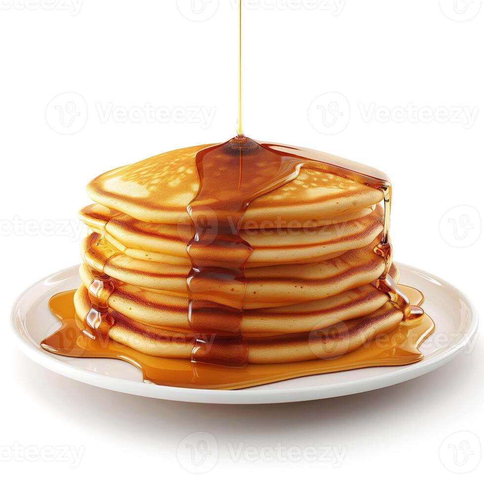 A stack of fluffy pancakes topped with warm syrup, served on a white plate, perfect for breakfast. photo