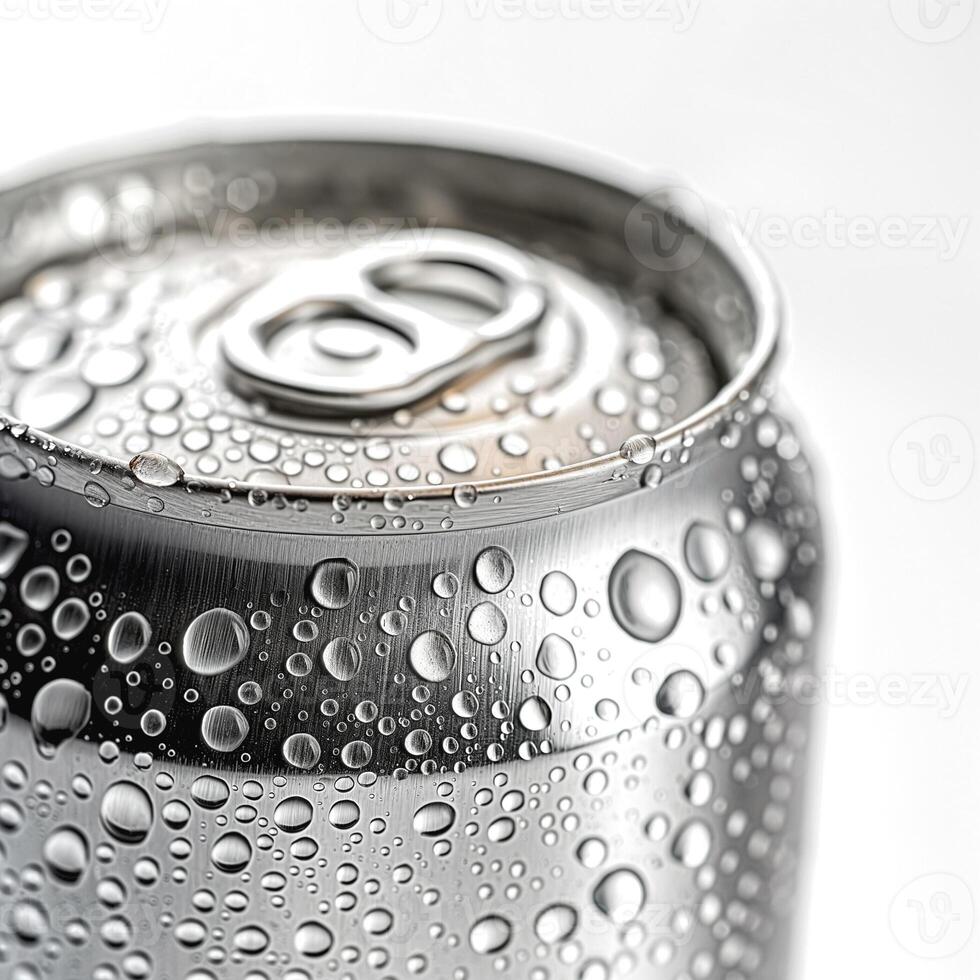 Close-up of a silver soda can covered in water droplets, showcasing its sleek metallic surface. photo