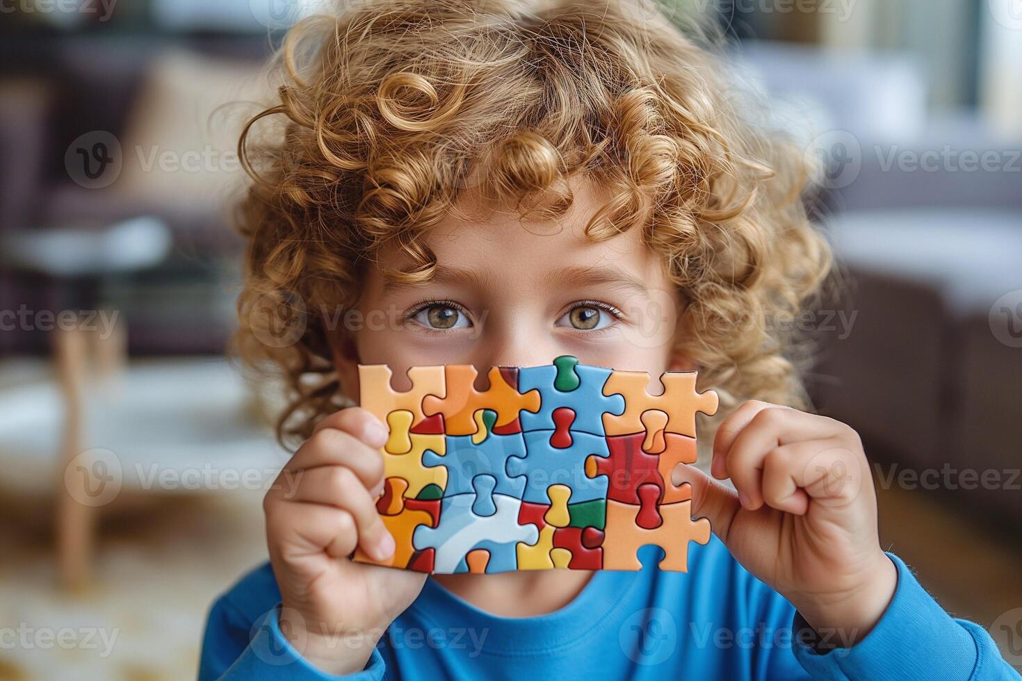A joyful young boy with curly hair holds up a completed puzzle piece, showcasing a mix of vibrant colors in a cozy living room. photo