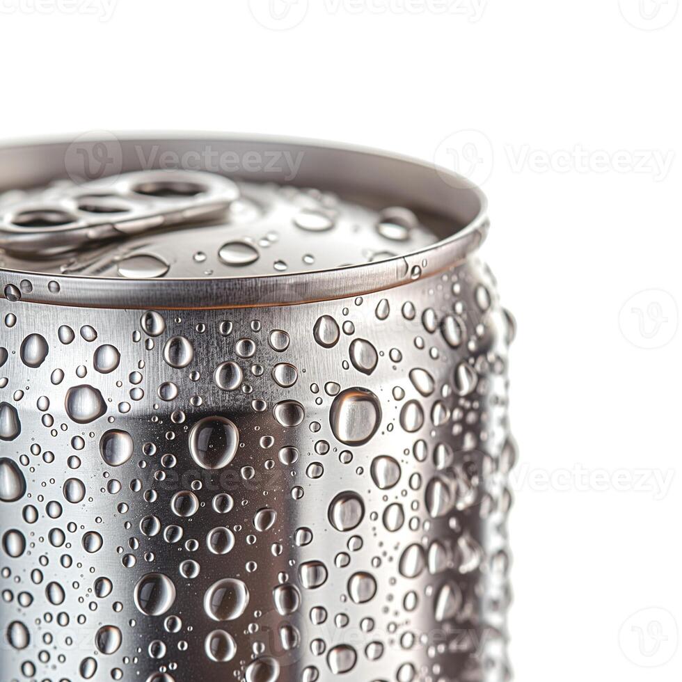 Close-up of a silver aluminum can covered in water droplets, highlighting its refreshing nature. photo