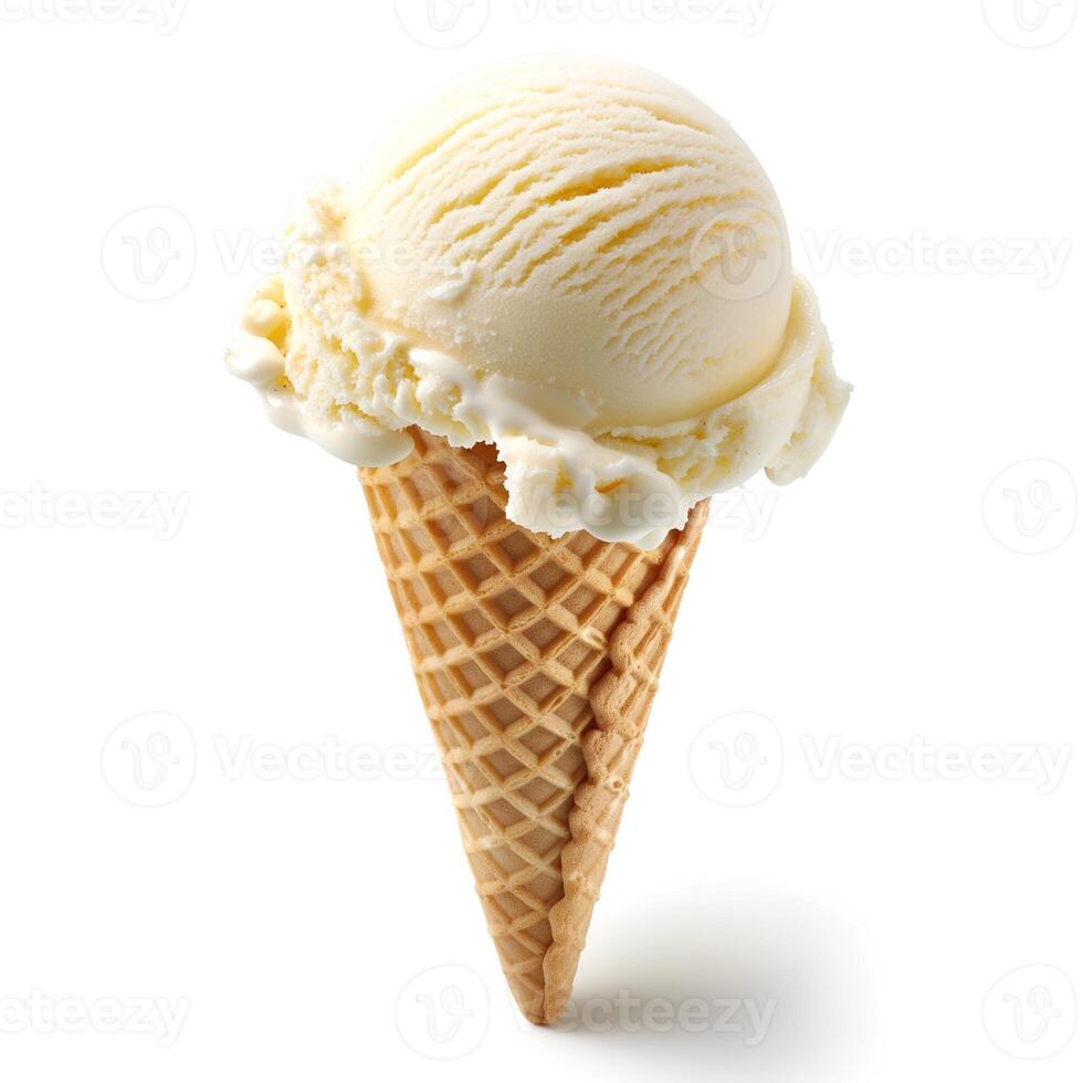 A delicious vanilla ice cream scoop in a waffle cone, perfect for a sweet treat on a sunny day. photo