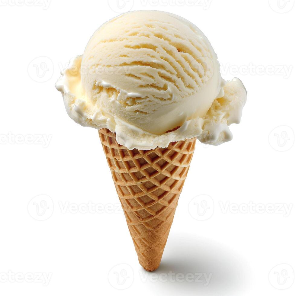 A delicious scoop of vanilla ice cream served in a crunchy waffle cone. photo