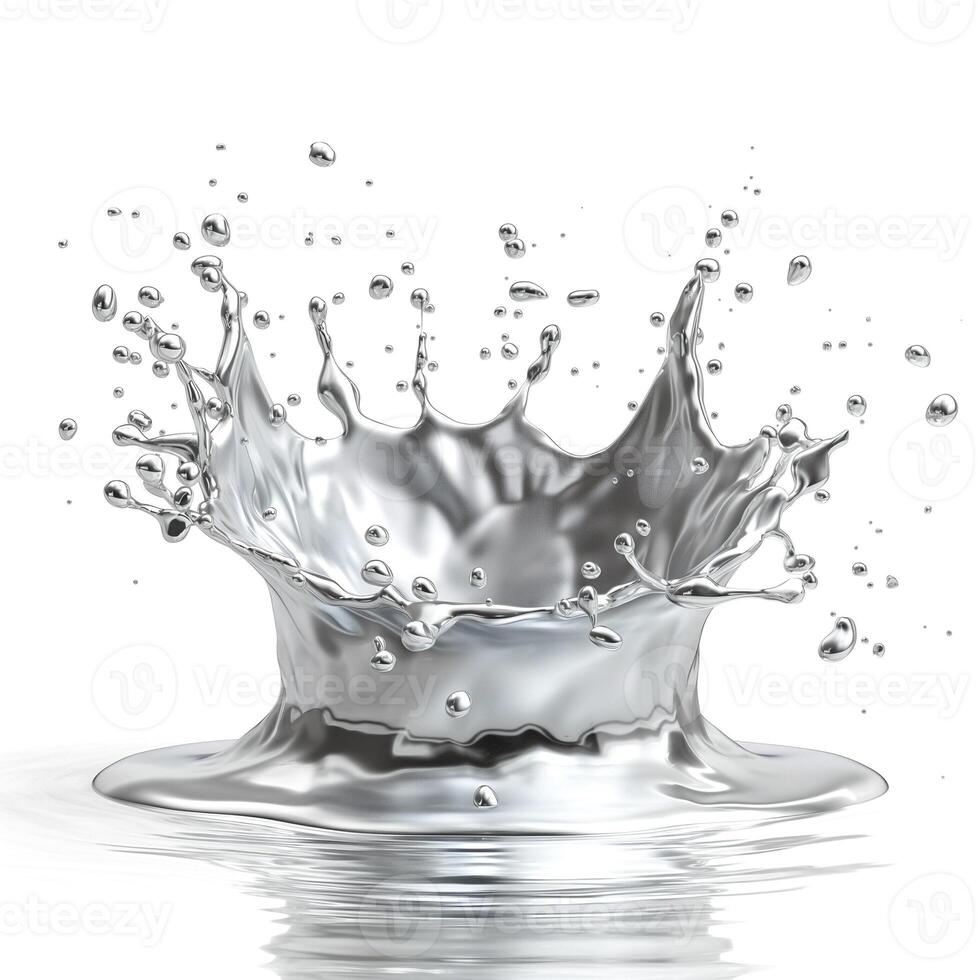 A stunning splash of liquid metal creates mesmerizing ripples and droplets against a white background. photo