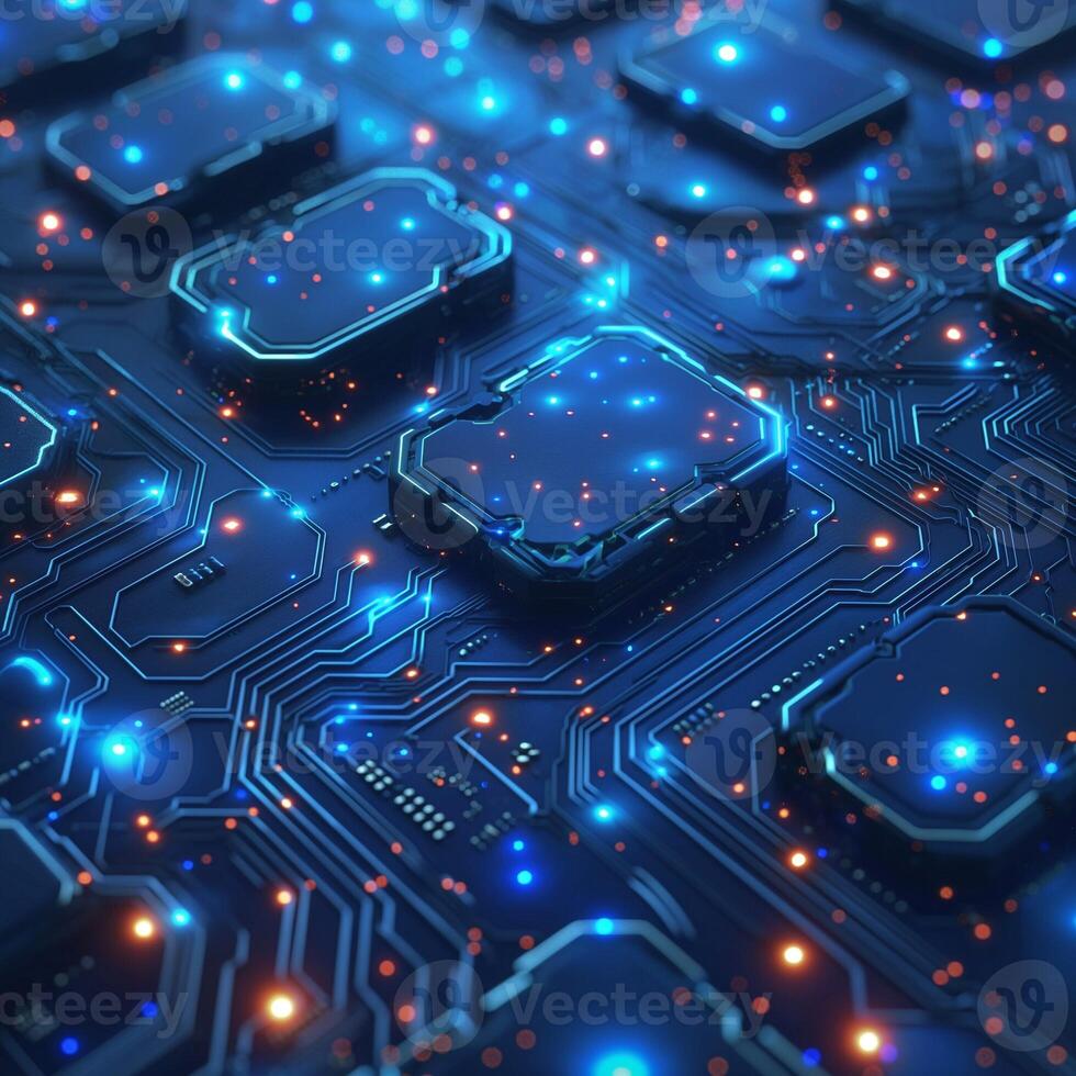 A vibrant close-up of a circuit board showcasing glowing chips and intricate pathways. photo