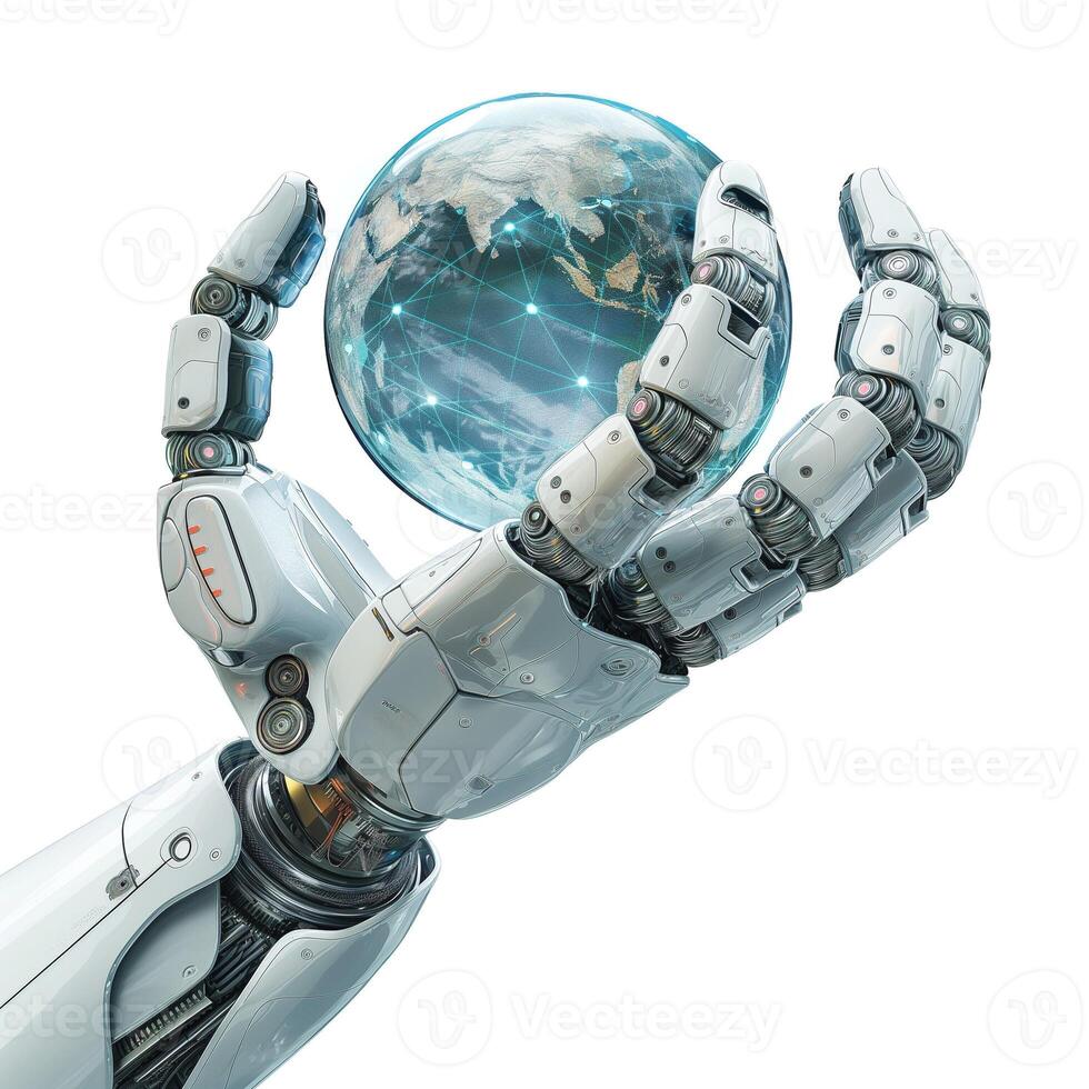 A futuristic robotic hand delicately holds a glowing globe, symbolizing technology and global connectivity. photo