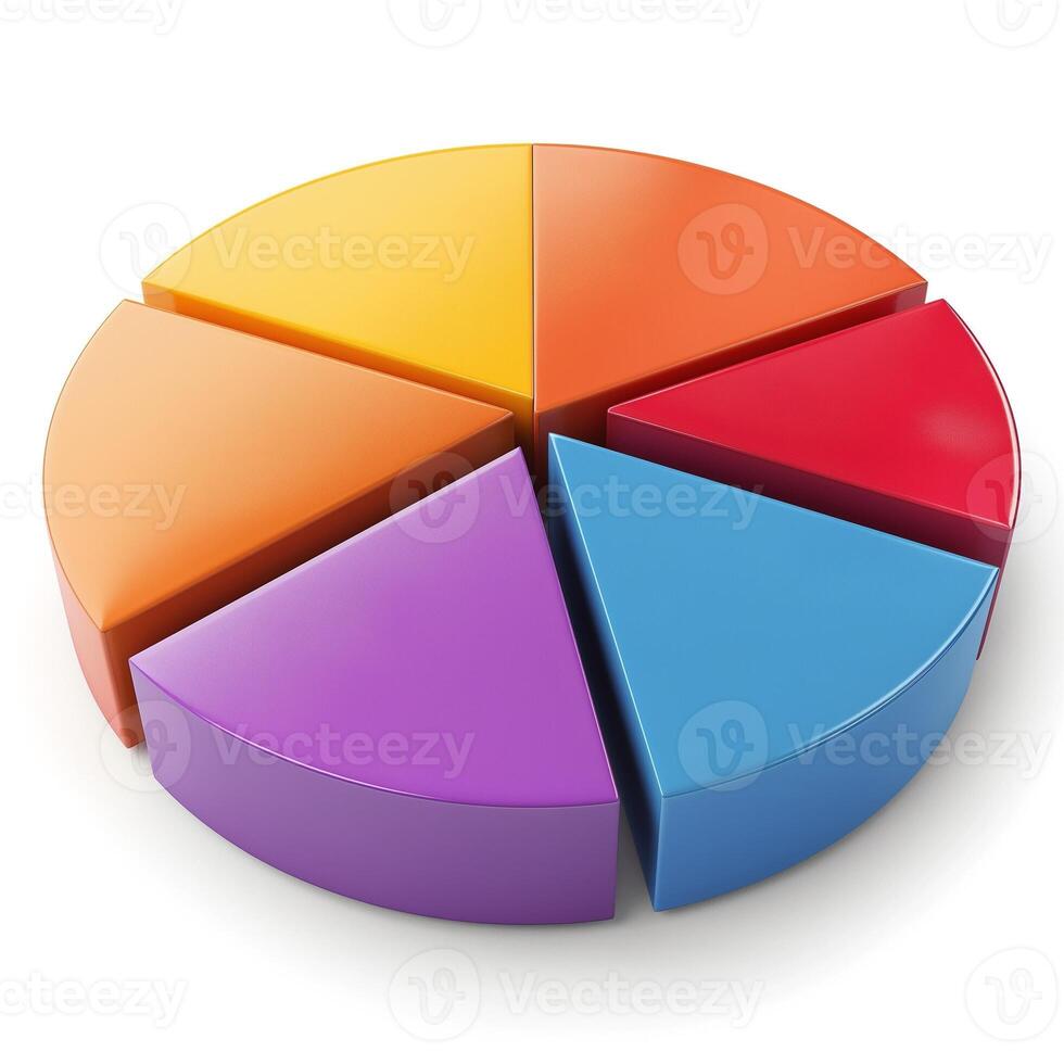 Vibrant 3D pie chart showcasing six segments in bold colors, symbolizing data and analytics. photo