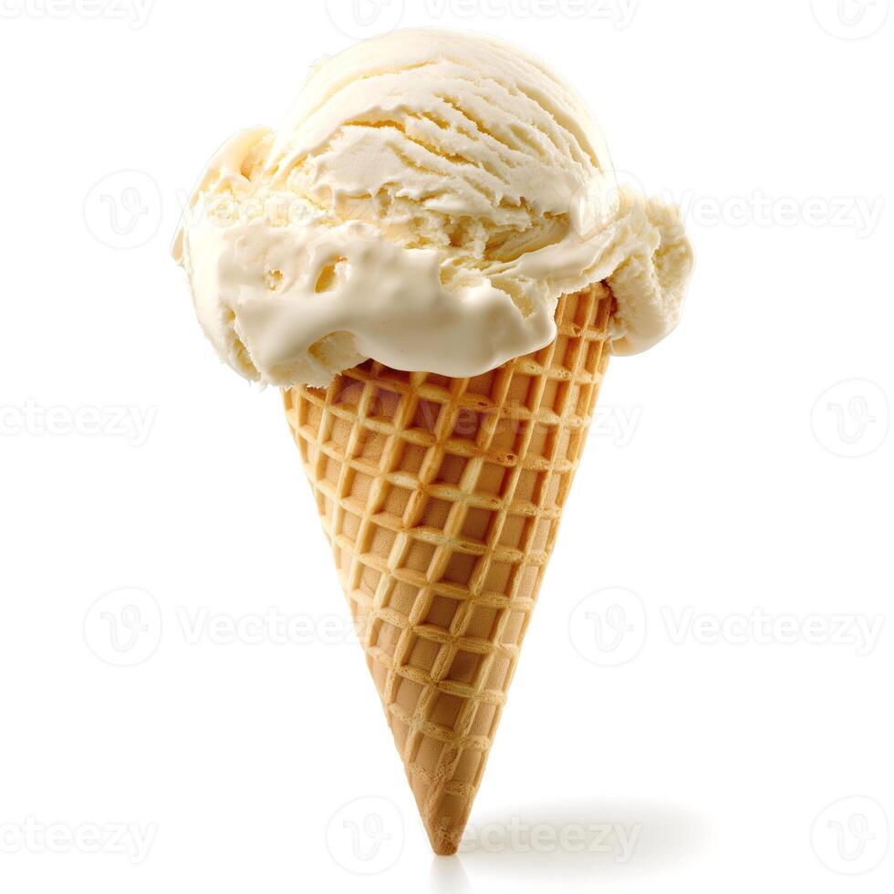 A delicious, creamy vanilla ice cream scoop atop a classic waffle cone, perfect for warm days. photo