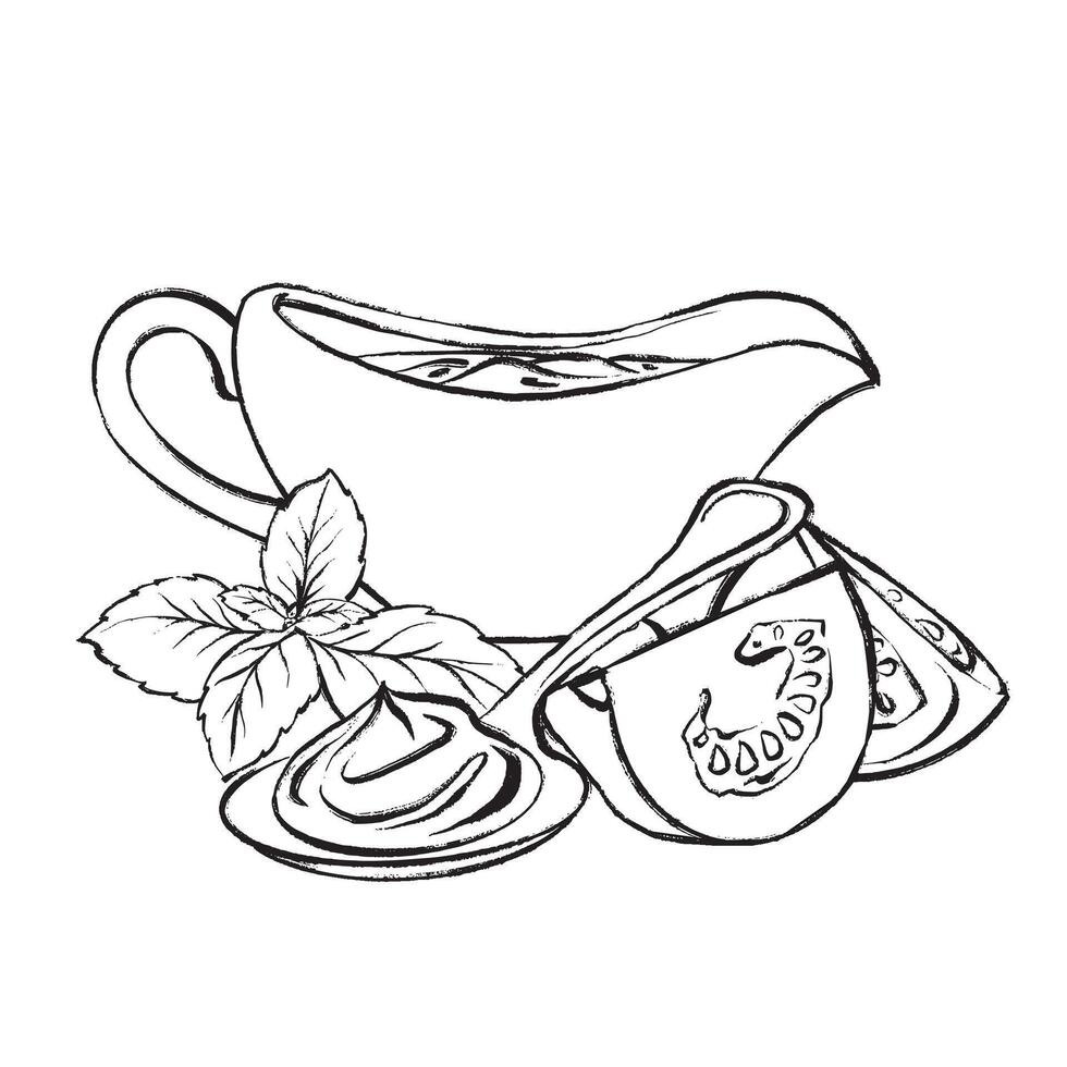 Black and white drawing of a sauceboat with tomato sauce, basil, a spoon, and sliced tomatoes. Suitable for packaging, menus, culinary design, and restaurant branding. vector