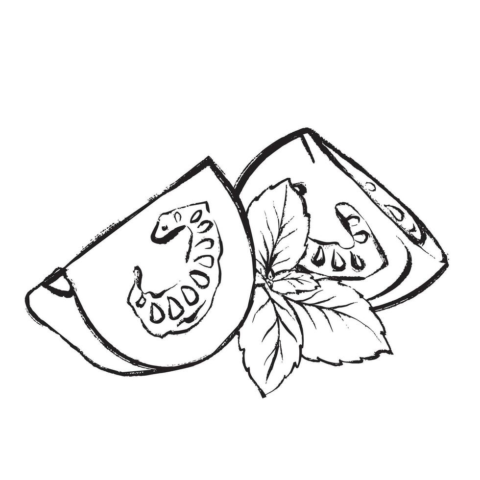 Black and white graphic illustration of two tomato slices with basil leaves. Suitable for packaging, menus, culinary design, logos, and decor. vector