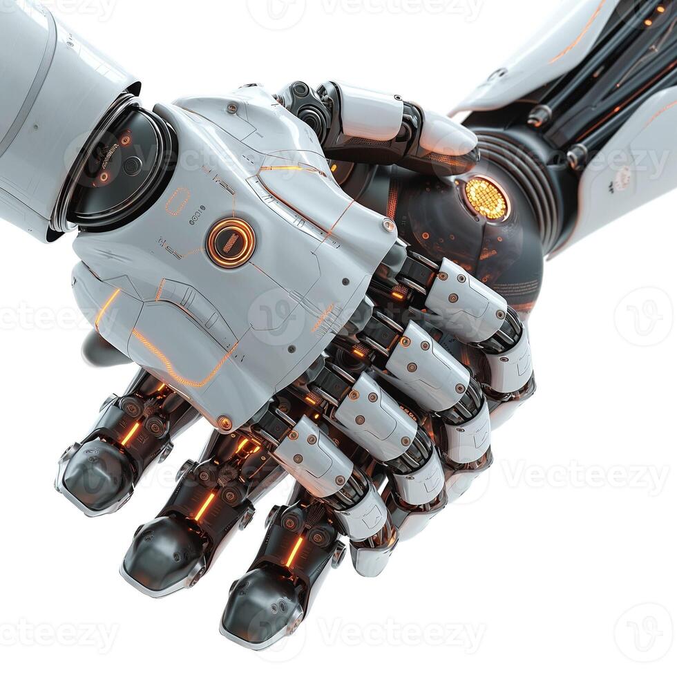 A futuristic robotic hand shakes another robotic hand, symbolizing technology and partnership. photo