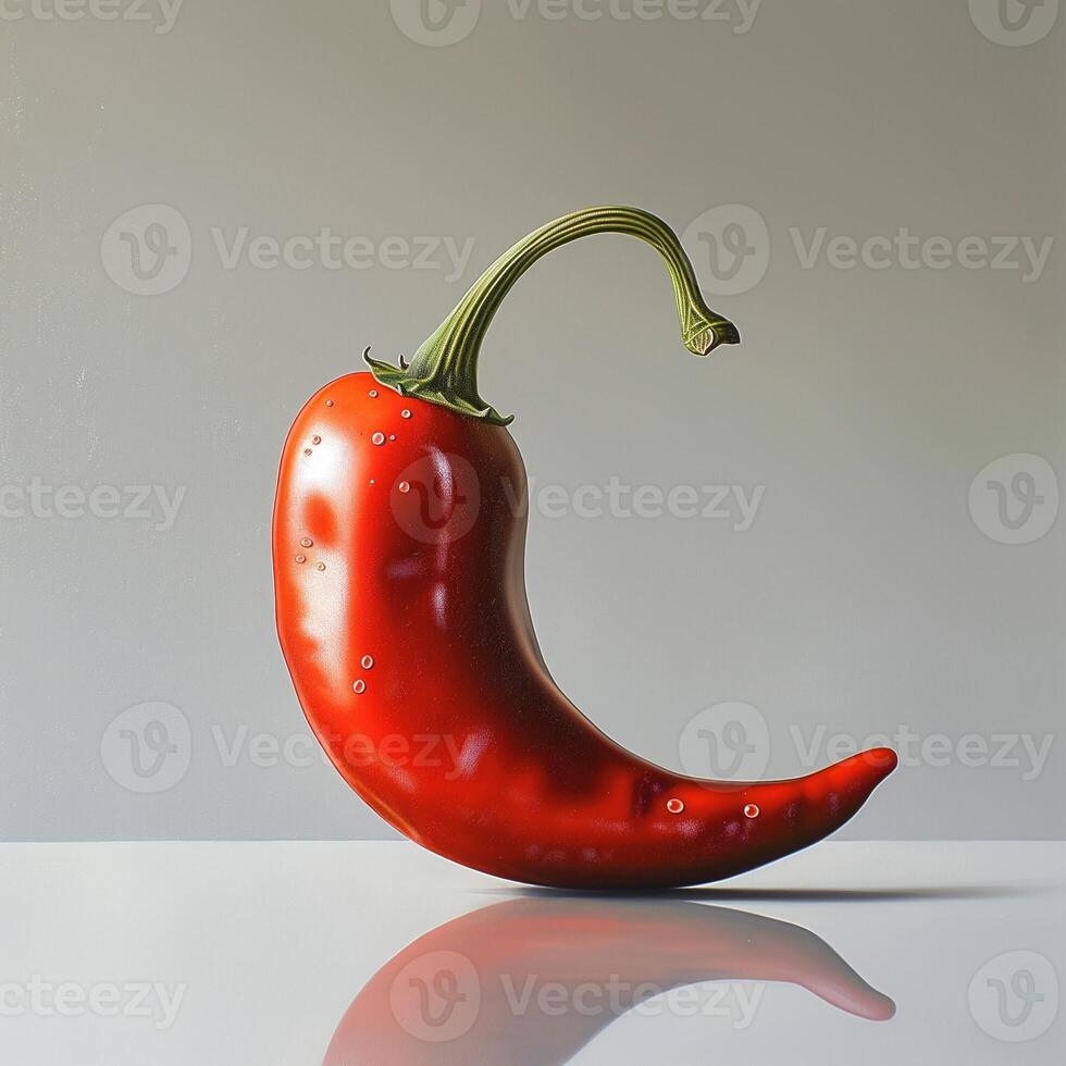 A vibrant red chili pepper stands elegantly against a soft gray background, showcasing its glossy texture and curved shape. photo