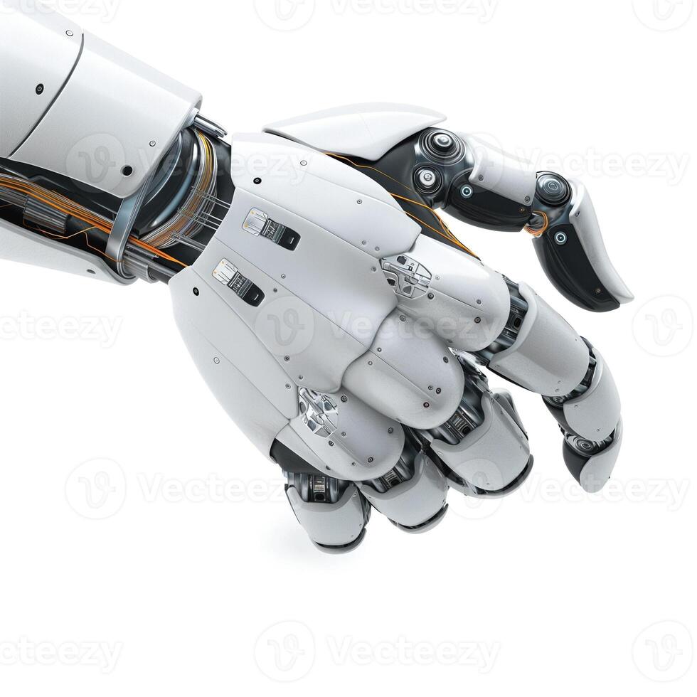 A futuristic robotic white hand reaches out, showcasing advanced mechanics and intricate details, symbolizing technology and innovation. photo