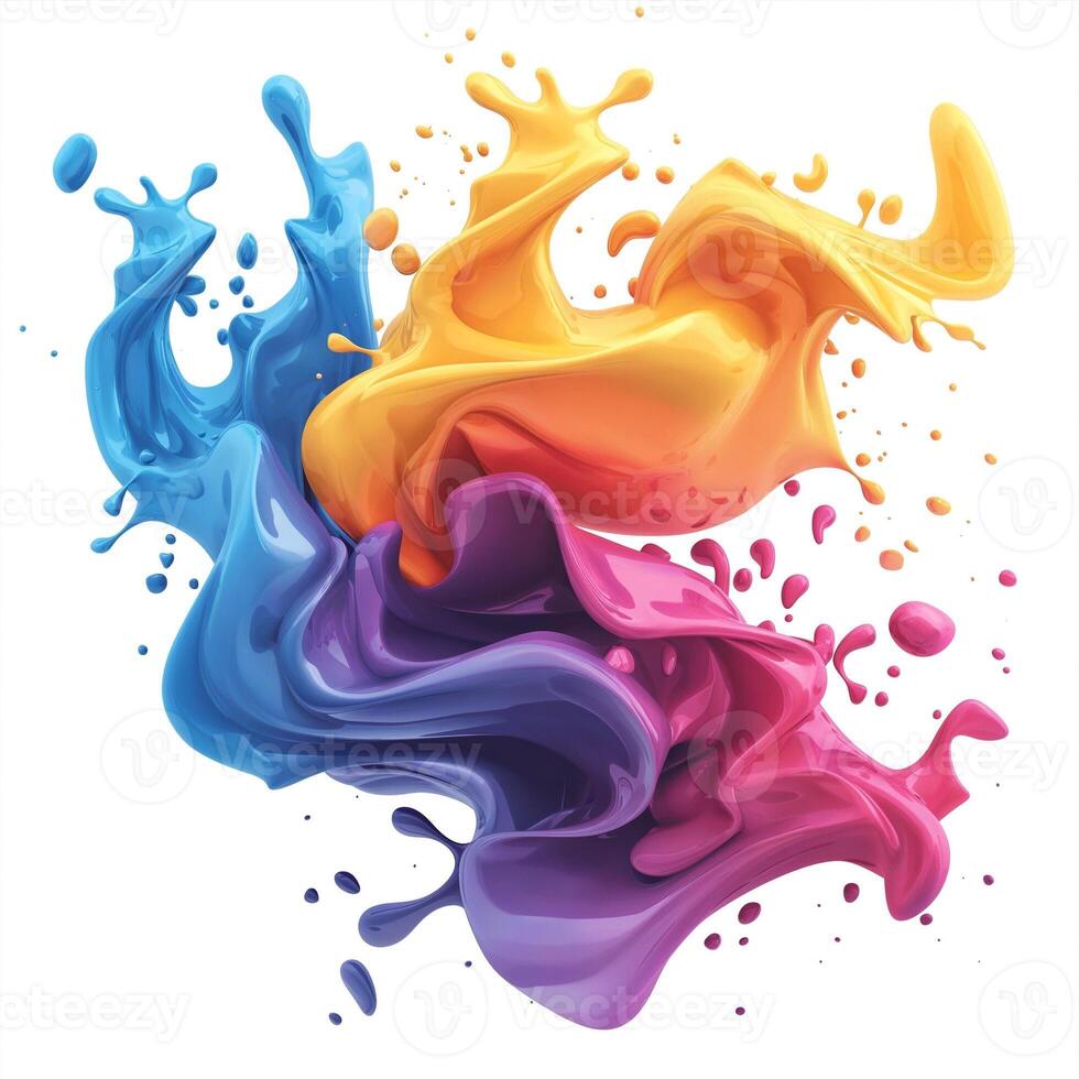 Vibrant splashes of blue, orange, and purple paint create a dynamic, fluid composition that evokes creativity and energy. photo