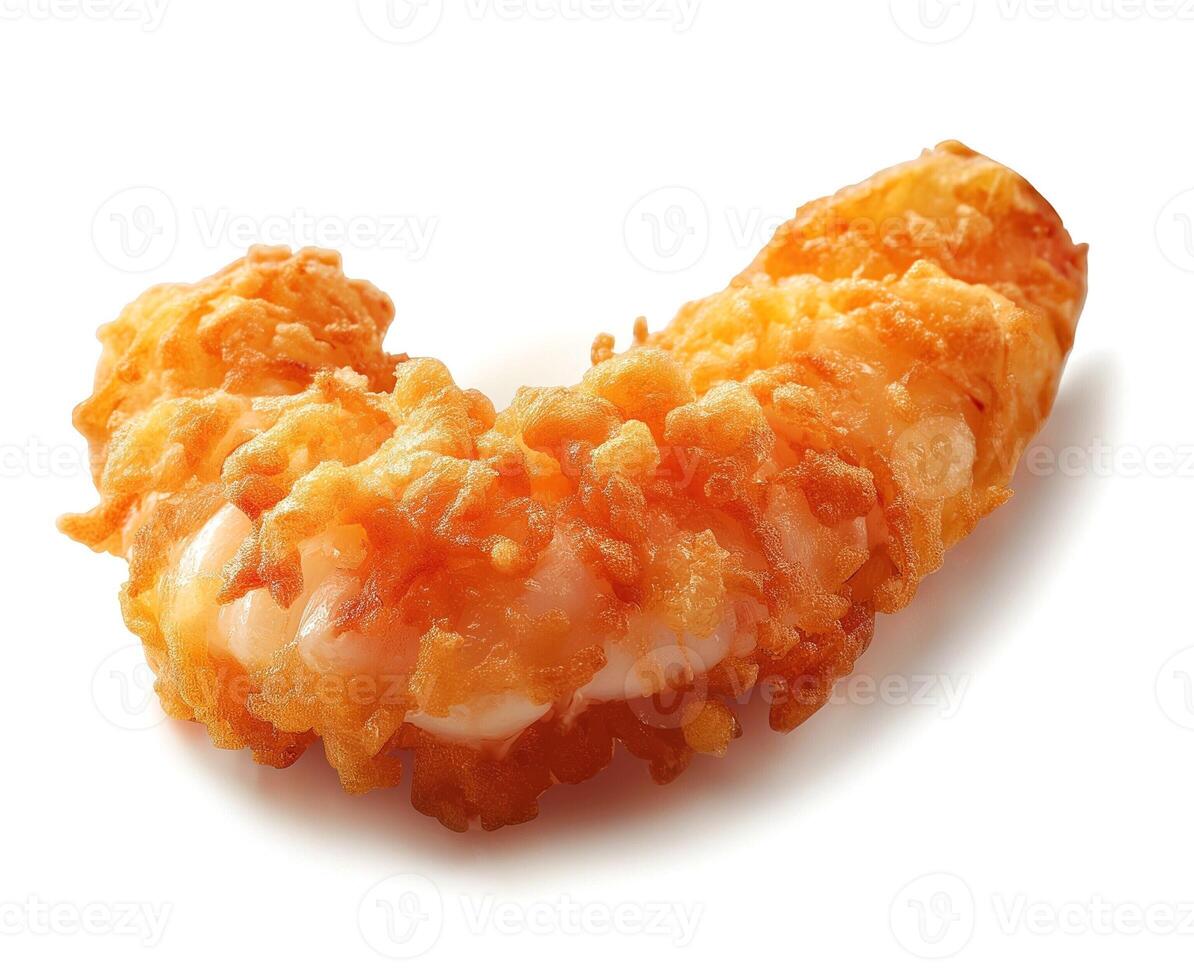 A crispy fried shrimp in golden batter, served against a white background. photo
