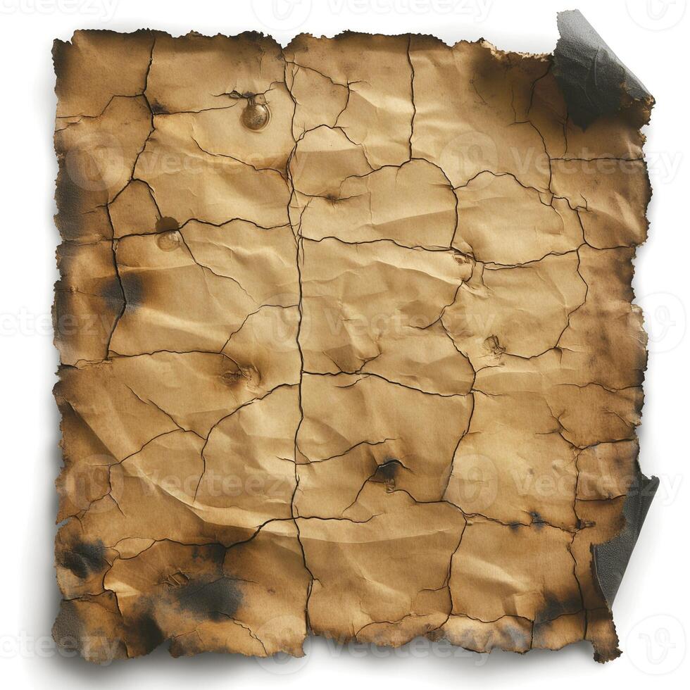 An aged, crumpled piece of burnt parchment exuding a vintage charm. photo