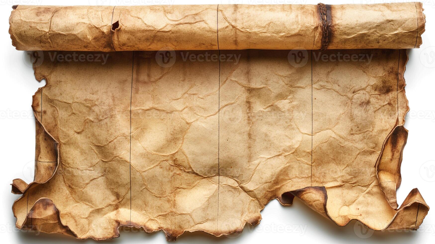 Ancient parchment scroll with rustic texture and tattered edges, evoking a sense of history and mystery. photo