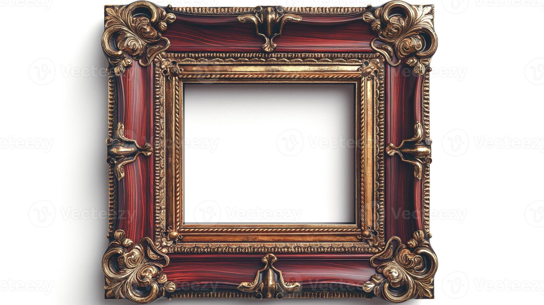 An ornate, vintage-style picture frame with intricate gold detailing and a rich red finish, perfect for showcasing artwork. photo